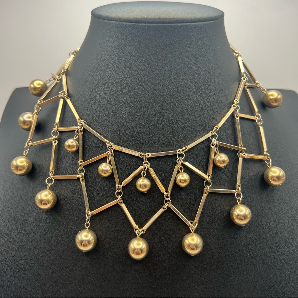Spectacular Egyptian Revival MCM Gold Tone Necklace w/ Golden Ball Dangles